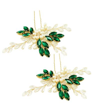 Crystal Pearl Rhinestone Flower Wedding Hair Pins - Pack of 2 (Green) - Buy Online on GoSupps.com