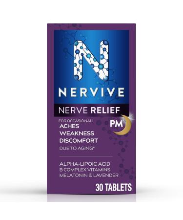 Nervive Nerve Relief PM, for Nerve Aches, Weakness, & Discomfort in Fingers, Toes, Hands, & Feet*, Alpha Lipoic Acid ALA, Vitamin B1, Vitamin B6, Melatonin, Chamomile, Lavender, 30-Day Tablet Supply