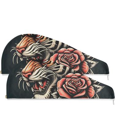 Super Absorbent Head Tiger Snake Red Rose Hair Towel 2 Pack - Quick Dry Hair Turbans with Button Wrap for Women & Girls | International Shipping Available - Buy Online on GoSupps.com