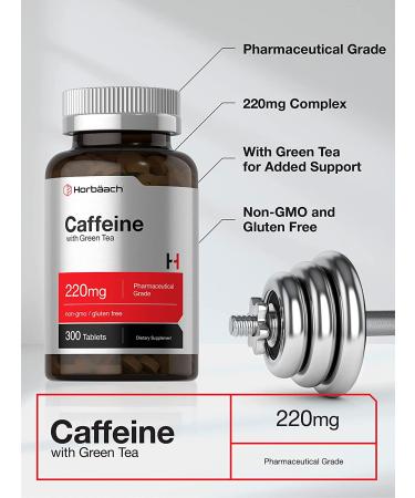 Caffeine Pills 200mg with Green Tea Extract | 300 Vegetarian Tablets | Non-GMO & Gluten Free by Horbaach - Buy Online on GoSupps.com