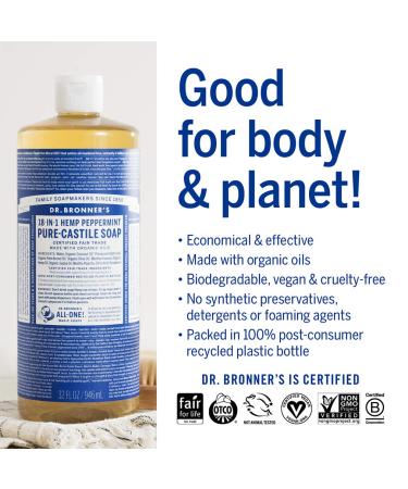 Dr. Bronners Peppermint Pure-Castile Liquid Soap 32oz 2-Pack - Organic 18-in-1 Soap for Face, Body, Hair, Laundry, Pets & Dishes - Concentrated, Vegan, Non-GMO - 32 Fl Oz (Pack of 2) - Buy Online on GoSupps.com