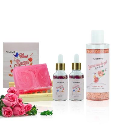 Yoni Wash & Yoni Essential Oil & Yoni Soap for Women Set 5.29oz Yoni Soap Bar 2*30ml Feminine Oil 6.7 fl.oz Feminine Wash Moisturizing Remove Odor pH Balance and Vaginial Deodorants Rose