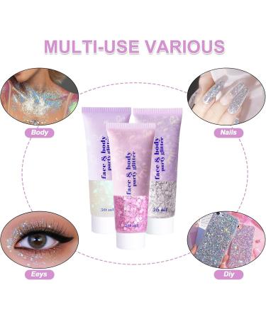 Buy Body Glitter Gel Kit - 3 Bottles of Mermaid Sequins Chunky Glitter for Long-Lasting Festival Makeup - White Silver Pink - Buy Online on GoSupps.com