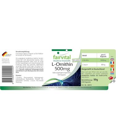 Fairvital L-Ornithine 500mg - High Dose Vegan Supplement - 120 Capsules | International Shipping Available - Buy Online on GoSupps.com