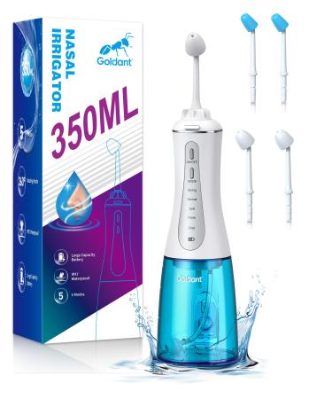 GOLDANT 350ML Neti Pot Sinus Rinse Kit with 40 Nasal Rinse Salt Packets Nasal Irrigation System with 5 Modes 4 Nozzles Cordless Rechargeable IPX7 Waterproof Nose Cleaner (350ML No Salt)