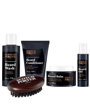 Scotch Porter Beard Care Kit Cleanse Moisturize Soothe & Style Coarse Dry Hair while Encouraging Growth for a Fuller/Healthier-Looking Beard Includes Wash Conditioner Serum Balm & Brush