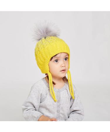 LANGZHEN Toddler Kids Winter Earflap Knit Hat | Fleece Lined Beanie for Baby Boys Girls 2-4 Years - Yellow - Buy Online on GoSupps.com
