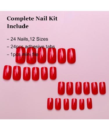 Red Press on Nails - Short Square Glossy Gel Fake Nails | Reusable Acrylic Manicure | 24 Pcs Classic Stylish Nail Art - Buy Online on GoSupps.com