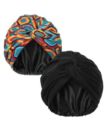 YANIBEST 2 Pack Turbans for Women Silk Satin Bonnet Turban Adjustable Knot Bonnet Beanie Cap Headwrap Black Medium Black