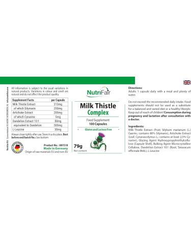 Nutrifair BV Milk thistle complex with milk thistle artichoke & dandelion 250 mg silymarin per day 100 capsules high dosage 100 vegan German production & laboratory testing NutriFair - Buy Online on GoSupps.com