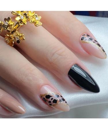 Justotry 24 pieces leopard stiletto nails to stick on short black French artificial nails glitter almond art nails press on nails acrylic fingernails finger nails medium for women leopard & black2