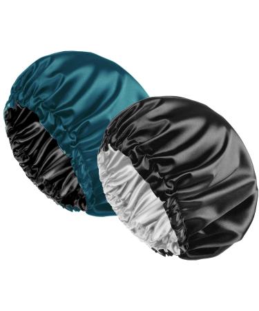 2PCS Satin Bonnet Sleep Bonnet Cap - Extra Large, Double Layer, Reversible, Adjustable Satin Cap for Sleeping Hair Bonnet Dark Blue Green - Black