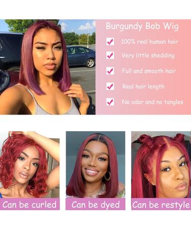 Burgundy Bob Wig Human Hair 13x4 Straight 12 Inch Lace Front | Pre Plucked with Baby Hair | Wine Red Short Bob Wig | Glueless Transparent Lace Frontal Wig for Women - Buy Online on GoSupps.com