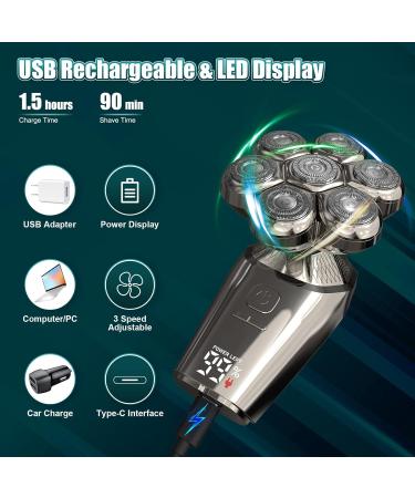 TURN RAISE 7D Head Shaver Detachable 6-IN-1 Electric Razor LCD Display Skull Shaver for Bald Men 3 Speeds IPX7 Waterproof Wet/Dry Electric Rotary Shaver Grooming Kit for Hair Beard Face Rechargeable Black - Buy Online on GoSupps.com
