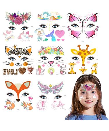 8pcs Animal Temporary Face Tattoo Set for Kids  Water Transfer Butterfly Sticker for Halloween Unicorn Mermaid Deer Giraffe Fairy Floral Festival Body Paint Make up Party Decoration Stickers