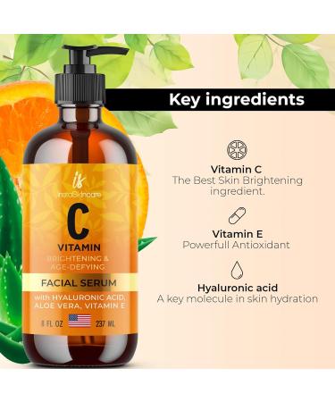 InstaSkincare Vitamin C Serum - Brightening & Anti-Aging with Hyaluronic Acid & Vitamin E | 8oz for Face & Eyes Dark Spots & Wrinkles - Buy Online on GoSupps.com