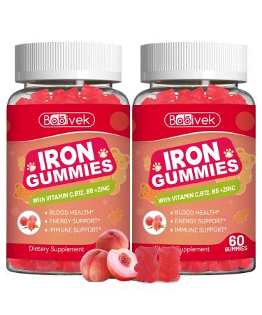2 Pack Iron Supplement Gummies for Women & Men - Iron Gummies with Folate Vitamin C B12 B6 Zinc Peach Flavor Vegan 120 Gummies