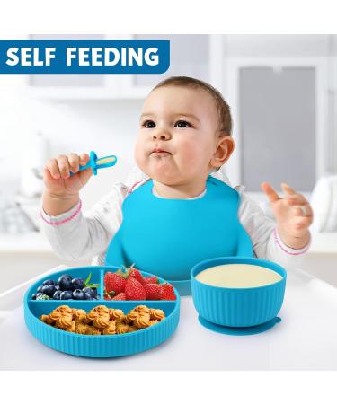 Baby Feeding Set - Silicone Bib, Suction Divided Bowl, Spoon, Fork - Toddler Utensils for Baby Led Weaning - Blue (6 Months) - Buy Online on GoSupps.com