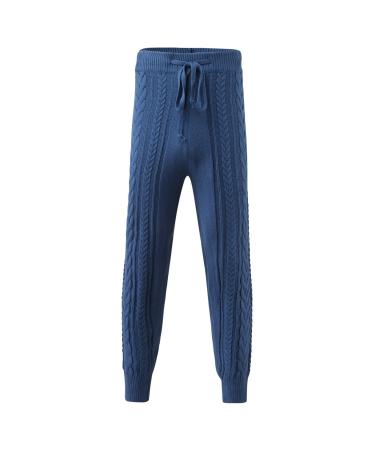 Mens Solid Chunky Cable Knit Warm Pants Drawstring Slim Fit Rib Trousers Elastic Mid Rise Cinch Bottom Jersey Pants Blue Large