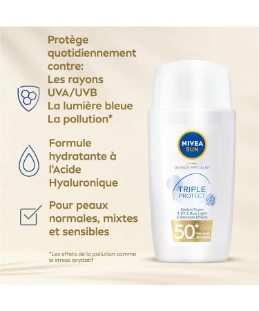 NIVEA SUN Triple Protect 50+ Sun Care (1 x 40 ml) Daily facial fluid with an ultra-light texture containing Hyaluronic Acid (Packaging May Vary) - Buy Online on GoSupps.com