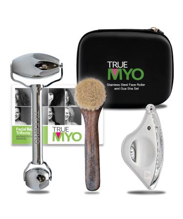 TrueMyo Beauty Trifecta Set - Gua Sha Facial Tools Set  Includes Face Roller  Dry Brush And Facial Gua Sha Tool - Upgrade From Your Jade Roller 2