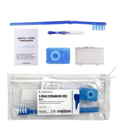 Blue Orthodontic 5 Piece Braces Care Kit - Complete Dental Cleaning Set for Teeth with Travel Toothbrush Wax Floss Brackets Cleaner - Essential Oral Care for Orthodontia & Braces Maintenance 5 Piece Blue