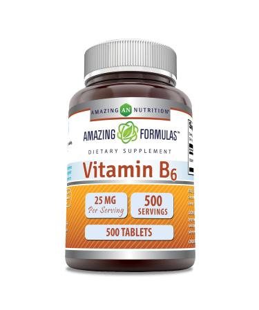 Amazing Formulas Vitamin B6 (Pyridoxine) 25 Mg Supplement | Tablets | Non-GMO | Gluten-Free | Made in USA (1 Pack | 500 Count) 1 Count (Pack of 1)