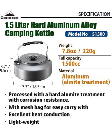 CAMPINGMOON 1.5L Portable Ultra-Light Camping Kettle Tea Pot S1500 - Compact Outdoor Cookware for Camping and Hiking Adventures - Buy Online on GoSupps.com