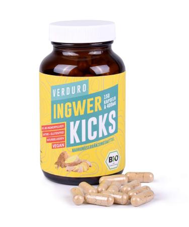 Verduro organic ginger kicks - 150 ginger capsules in a glass 800mg per daily dose high dose vegan pure organic ginger powder micronutrient metabolic activator & good for the immune system lactose -free - Buy Online on GoSupps.com