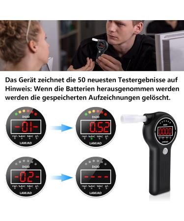 LAMJAD Breathalyser Alcohol Tester D600 with 10 Mouthpieces, Alarm Light, and LED Display - Portable for Personal & Professional Use - Buy Online on GoSupps.com