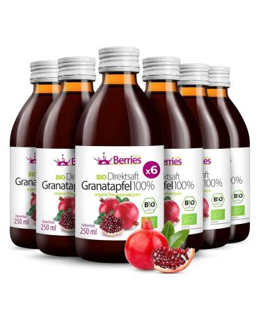 Organic pomegranate juice 6 Pack (6x250ml) - organic pure pomegranate direct juice 100% - cold -pressed mother juice - without dyes without sugar without GMO without preservatives - vegan eco Berriespolska pomegranate 250 ml (6 -pack)