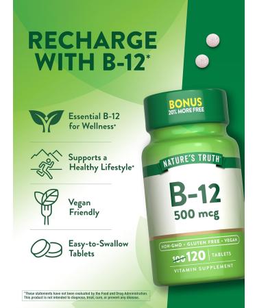 Nature's Truth B12 Vitamin | 500 mcg | 120 Tablets | Vegan Non-GMO & Gluten Free Supplement - Buy Online on GoSupps.com