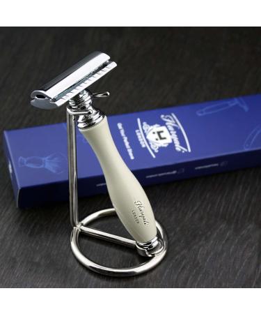 Gent's Classic DE Safety Razor in Elegant Ivory Colour & Stainless Steel Stand (Blades Not Included) | Men's Shaving & Grooming Essentials Gift for Him