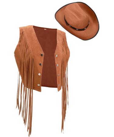 Yaomiao 70s Hippie Womens Fringe Vest Western Felt Cowgirl Hat Cowgirl Costume Rivets Sleeveless Faux Suede Tassels Jacket Brown XX-Large
