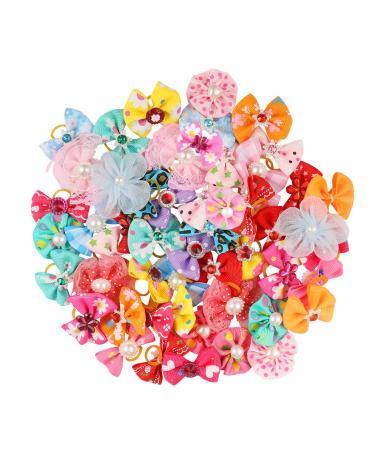 POPETPOP 50pcs Dog Bows with Rubber Bands-Pet Cat Dog Hair Bows Multicolor Rhinestone Beads Flowers Topknot Puppy Bows(Mixed Color)