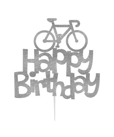 LissieLou Bicycle Style Happy Birthday Cake Topper Decoration in Silver Made in the UK