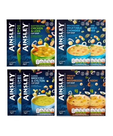 Cup Soup Bundle Consisting of Ainsley Harriott Chicken & Leek Cup Soup 60g x2 Vegetable Chowder 75g x2 Broccoli & Stilton 72g x2 Cream of Wild Mushroom 75g x2 (8 Pack)