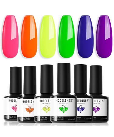 Modelones Neon Gel Nail Polish - 6 Colors Gel Polish Hot Pink Orange Bright Nail Polish Gel Neon Yellow Green Purple Gel Nail Kit Popular Nail Art DIY Manicure Gifts for Women DIY Salon