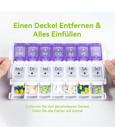 Weekly Pill Organizer - 7 Day Medication Box with Removable Compartments | Purple & White Tablet Storage Solution for International Shipping - Buy Online on GoSupps.com
