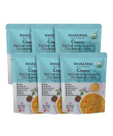 Khazana ORGANIC Ready to Eat Indian Meals (6-Pack) - Yellow Lentils w/ Chickpea Curry - 10oz Pouches | Non-GMO, Vegan, Gluten Free & Kosher | Authentic Cuisine in 90 Seconds! Yellow Lentil w/ Chickpea Curry