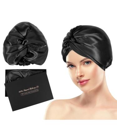 Ravmix 100% Mulberry Silk Bonnet Sleep Cap for Women Hair Care, Both Sides 21 Momme Natural Silk Hair Wrap for Sleeping, Night Cap with Elastic Stay On Head, 1PCS, Large, Black