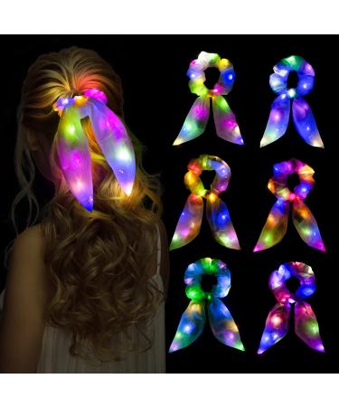 Neon Light Up Bow Scrunchies for Girls Cute Led Hair Scrunchie Ponytail Holders Scarf Hair Ties Women Rave Accessories Glow in the Dark Party Favors Supplies Birthday Halloween Christmas 6 Pack pattern 1 - Buy Online on GoSupps.com