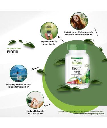 Fairvital Biotin 5mg - High Dose Vitamin B7 5000mcg - Vegan Lactose-Free - 90 Capsules for Health & Beauty - Buy Online on GoSupps.com