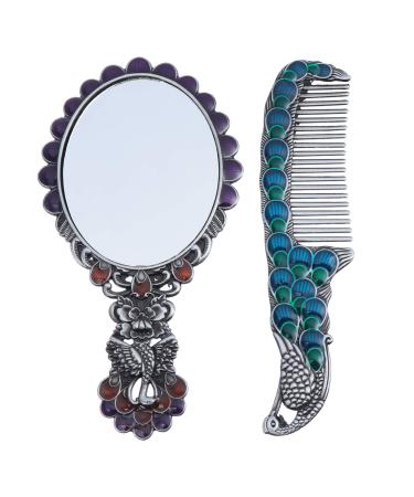 Minkissy 2 Piece Makeup Mirror and Comb Kit Vintage Peacock Portable Hand Cosmetic Mirror Small Worktop Travel Mirror for Outdoor Hairdresser Shop Bathroom Grey