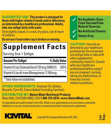 Nature Made Vitamin D3 K2 5000 IU (125 mcg) Vitamin D Dietary Supplement for Bone Teeth Muscle and Immune Health Support 30 Softgels 30 Day Supply - Pack of 2 - Buy Online on GoSupps.com
