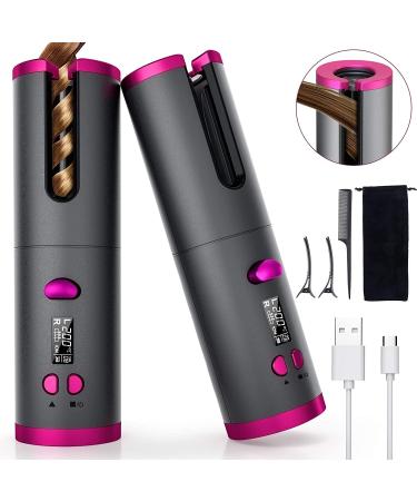 Wireless Automatic Curling Iron Cordless Hair Curler Ceramic Rotating Hair Curler with 6 Temps & Timers Portable Rechargeable Wand Auto Shut-Off Fast Heating for Styling