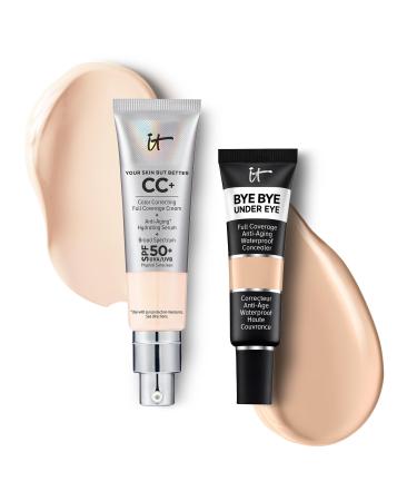 IT Cosmetics CC+ Cream with SPF 50+ Natural Finish Full Coverage Foundation (Fair Beige - 1.08 fl oz) & Bye Bye Undereye Concealer Anti-Aging Makeup (11.5 Light Beige - 0.4 fl oz)