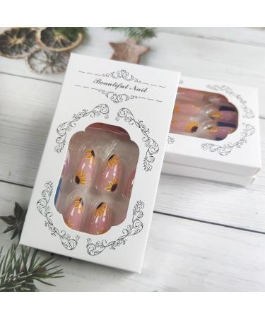 Sunflowers Press on Nails - Medium Almond Glossy White French Tips | 24Pcs Acrylic False Nails with Gold Foil for DIY Manicure - Buy Online on GoSupps.com