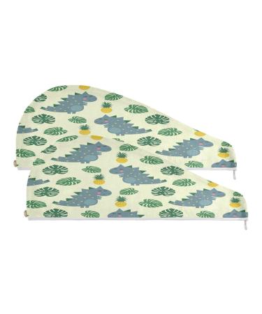 Dinosaur Cartoon Dry Hair Cap 2 Piece Quick Drying Towel Set with Button Headband Super Absorbent Soft & Comfortable