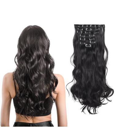 UILYNIU Black Clip in Hair Extensions Black Hair Extensions Clip in Curly Synthetic Clip in Hair Extension Synthetic Fiber Hair Pieces for Women 23 Inch Seamless Hair Extensions Clip in (Black)